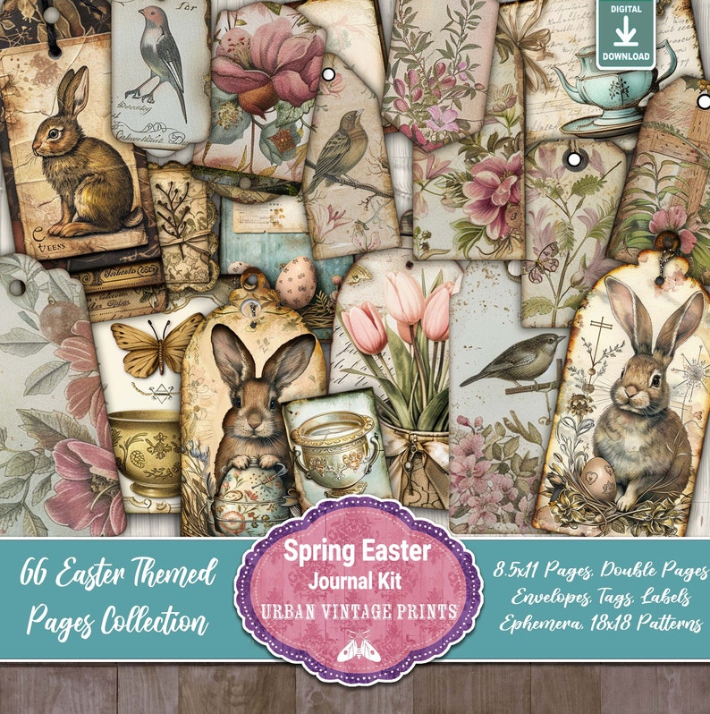 Pu&ograve; includere: Una collezione di pagine di diario, etichette ed effimeri a tema pasquale in stile vintage. Il design presenta illustrazioni di conigli, uccelli, fiori e uova in morbidi colori pastello. Il testo recita "Spring Easter Journal Kit" e "66 Easter Themed Pages Collection".