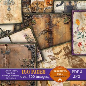 Op de afbeelding: Een collage van 100 pagina's digitaal scrapbookpapier met meer dan 300 afbeeldingen. Het papier heeft een vintage, herfstthema met afbeeldingen van vleermuizen, uilen, pompoenen, bladeren en boeken. De tekst "100 PAGES over 300 images" is zichtbaar in de afbeelding.