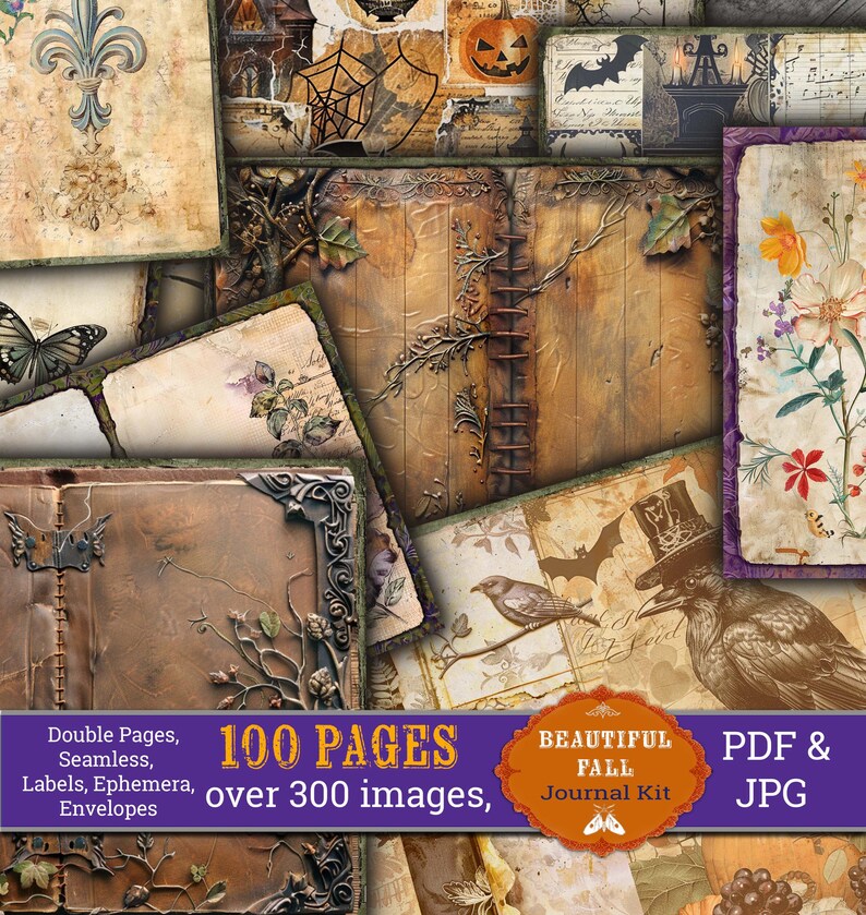 Op de afbeelding: Een collage van 100 pagina's digitaal scrapbookpapier met meer dan 300 afbeeldingen. Het papier heeft een vintage, herfstthema met afbeeldingen van vleermuizen, uilen, pompoenen, bladeren en boeken. De tekst "100 PAGES over 300 images" is zichtbaar in de afbeelding.
