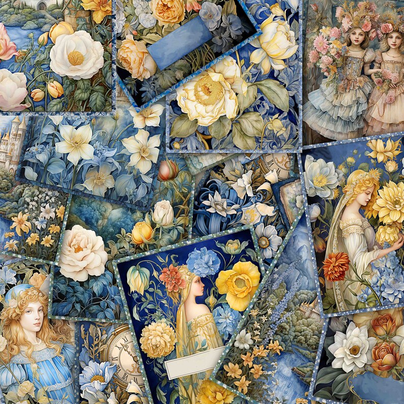 Puede incluir: Un collage de ilustraciones de estilo vintage con dise&ntilde;os florales, hadas y mujeres con vestidos vaporosos. Las im&aacute;genes est&aacute;n dispuestas de forma ca&oacute;tica y superpuestas, creando una est&eacute;tica caprichosa y rom&aacute;ntica.