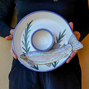 Handmade Ceramic Chip and Dip with Sculpted Fish Tail - 12&quot; Diameter