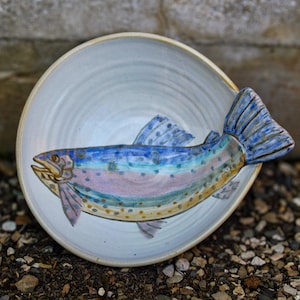 Handmade Ceramic Bowl with Sculpted Fish Tail - 9in Diameter - Soup Bowl, Noodle Bowl, Pasta Bowl