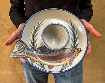 Handmade Ceramic Chip and Dip with Sculpted Fish Tail - 12" Diameter