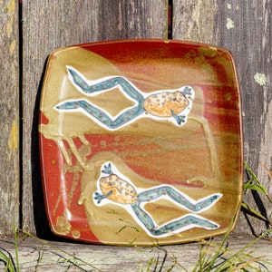 Handmade Square Ceramic Platter - Handpainted Frogs - 10.5" x 10.5"