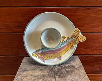 Handmade Ceramic Chip and Dip with Sculpted Fish Tail - 12" Diameter