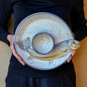 Handmade Ceramic Chip and Dip with Sculpted Fish Head - 12&quot; Diameter