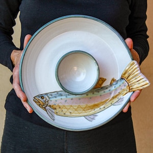 Handmade Ceramic Chip and Dip with Sculpted Fish Head - 12&quot; Diameter