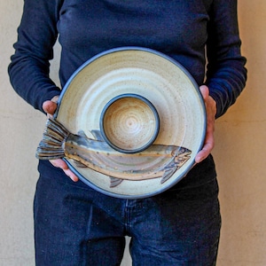 Handmade Ceramic Chip and Dip with Sculpted Fish Tail - 12&quot; Diameter