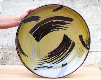 Large 18" Handmade Gold and Black Ceramic Platter