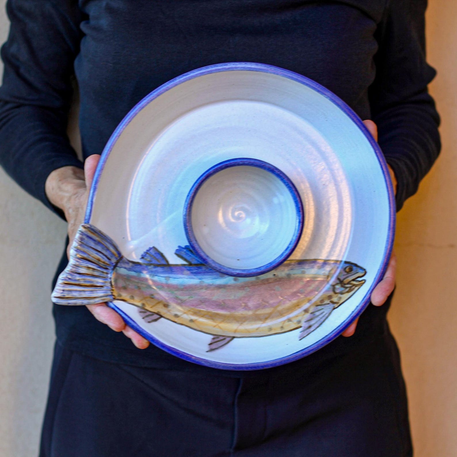 Handmade Ceramic Chip and Dip with Sculpted Fish Tail - 12" Diameter