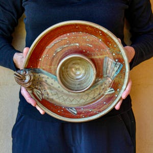 Handmade Ceramic Chip and Dip with Sculpted Fish Head - 12&quot; Diameter