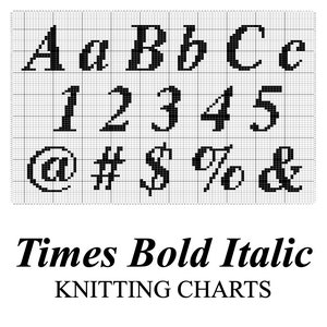 Op de afbeelding: Breipatroon voor de letters A, B, C en de cijfers 1, 2, 3, 4, 5 en symbolen @, #, $, %, & in het lettertype Times Bold Italic.