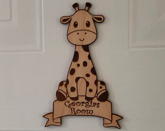 Personalised Giraffe Door Sign: Engraved Wood Nursery Decor