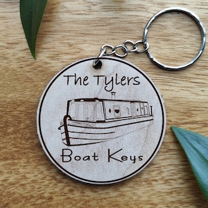 Personalised Canal Boat Keyring: Laser Engraved Wooden Keychain