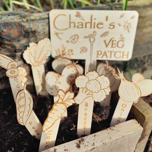 Könnte beinhalten: Gartenstecker aus Holz mit Gemüseillustrationen, darunter Karotten, Brokkoli und Zwiebeln, in einem Holzpflanzkasten. Das Schild trägt die Aufschrift "Charlie's Veg Patch."