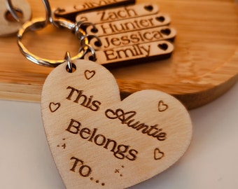 Personalised Cute This Auntie Belongs To... Keyring Laser Engraved with Kids Name Ideal birthday present or stocking filler Gift for Sister