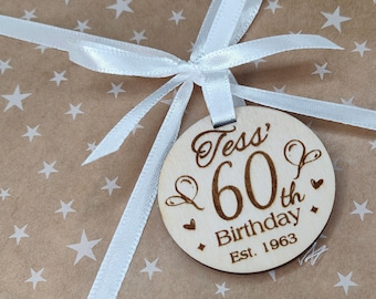 Personalised Birthday Gift Tag Label or Wine Bottle Tag Label with White Ribbon 13 16 18 30 40 50 60 70 21 25