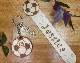 Personalised Football Keyring Bag Tag or Bookmark Gift Laser Engraved with Name Ideal birthday present or stocking filler Gift For Him Her