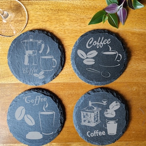 Coffee Lovers Gift Set Coaster Set 4 Laser Engraved Natural Slate Coaster, ideal gift for Coffee Lovers Anniversary, Christmas occasions.