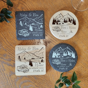 Personalised Motorhome Coaster: Laser Engraved Wood or Slate Gift