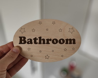 Plaque de porte de toilette personnalisée pour salle de bain avec motif étoilé moderne sur bois gravé au laser