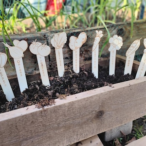 Puede incluir: Marcadores de jardín de madera con ilustraciones de verduras, incluyendo pimientos, cebollas, tomates, lechuga, zanahorias, guisantes y pepinos. Cada marcador está etiquetado con el nombre de la verdura.