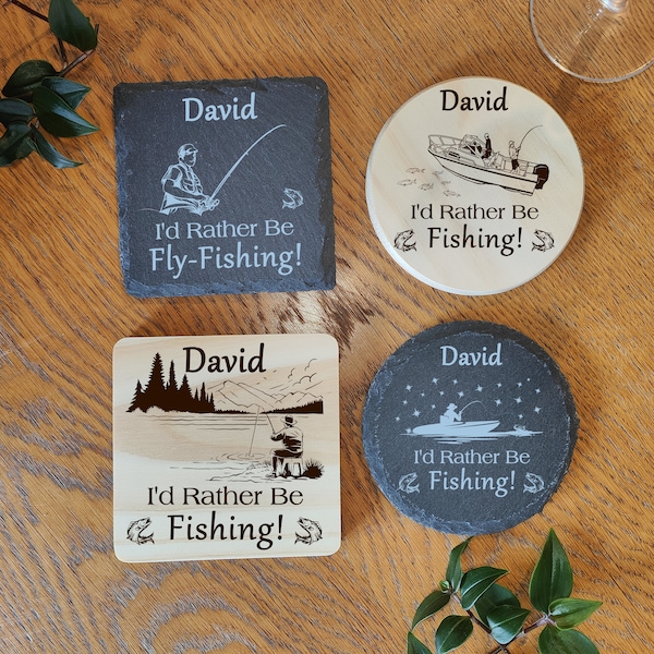 Personalised Rather be Fishing Gift Laser Engraved Slate Coaster for Him or Her Fisherman who loves to Fish