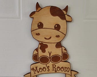 Personalised Cow Bedroom Door Sign, Engraved Wooden Nursery Decor