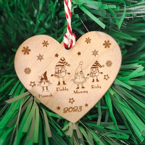 Personalised Family Christmas Ornament Family tree Decoration Heart Annual Gift or Wall hanger with Candy Cane String