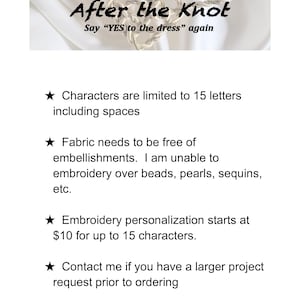 ADD ON - Embroidery ONLY - Wedding Dress Repurposing, Bride, Accessories, Lace, Satin, Upcycle, Heirloom, Memory
