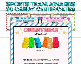 30 Sports Team Candy Bar Awards Candy Chocolate Bar Sport Team Award Certificate Soccer Baseball Basketball Volleyball Kids Sports Awards