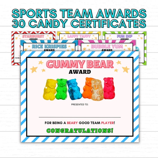 30 Sports Team Candy Bar Awards Candy Chocolate Bar Sport Team Award Certificate Soccer Baseball Basketball Volleyball Kids Sports Awards