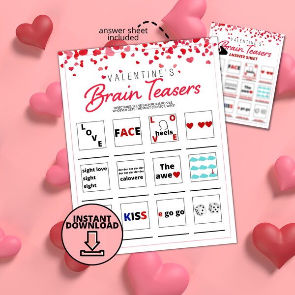 Valentine's Day Brain Teaser Game | Valentine's Day Printable Games | Rebus Puzzle | Galentines | Game for Kids & Adults | Classroom Fun