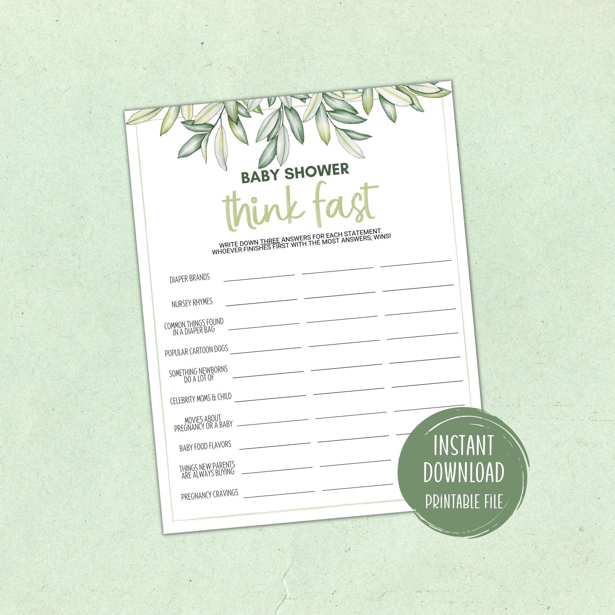 Baby Shower Games Think Fast Printable Game Boy Girl Neutral Floral Theme Baby Shower Printable Games Green Gender Party Game for Kids Adult