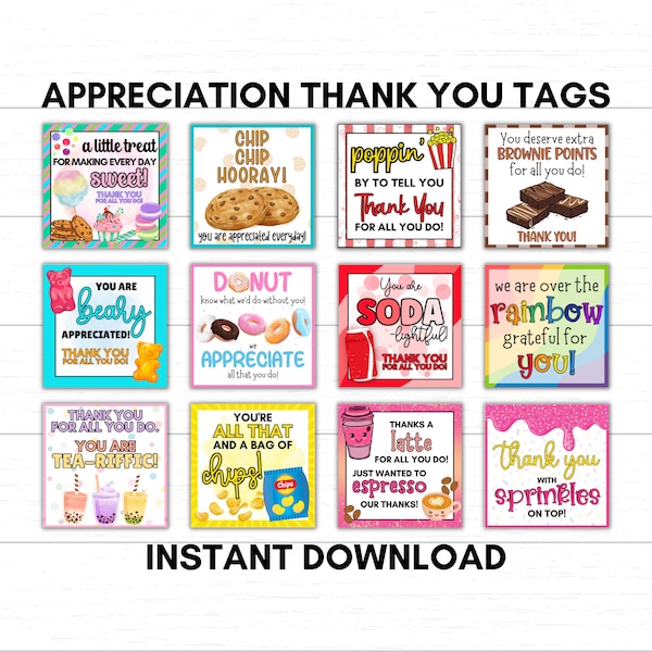 Employee Appreciation Teacher Appreciation Snacks Treats Sweets Thank You Card Printable Tags for CoWorkers Staff Boss Principal Friends Job