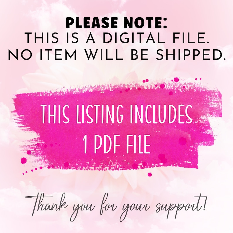 Puede incluir: Anuncio de archivo digital con texto sobre un fondo de pincelada rosa. El texto dice: "TENGA EN CUENTA: ESTE ES UN ARCHIVO DIGITAL. NO SE ENVIAR&Aacute; NING&Uacute;N ART&Iacute;CULO. ESTE LISTADO INCLUYE 1 ARCHIVO PDF. &iexcl;Gracias por su apoyo!"