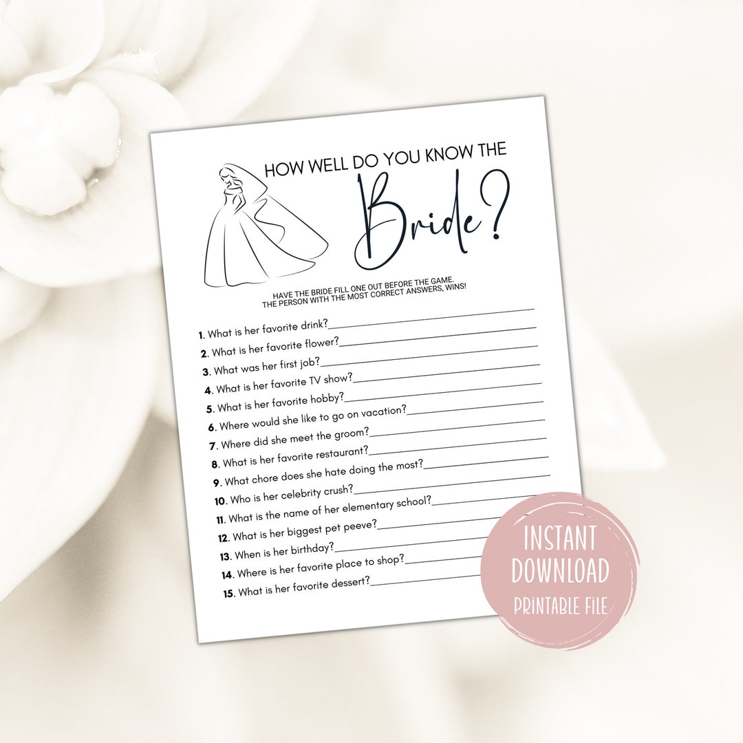 Juegos de despedida de soltera Novia ¿Qué tan bien conoces a la novia?  Juego imprimible Juego de novia imprimible minimalista Juegos de fiesta de  ..., image size:1080x1080