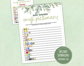 Baby Shower Games Emoji Pictionary Printable Game Gender Neutral Baby Games Minimalist Instant Download Game Green Floral Boho Boy Girl