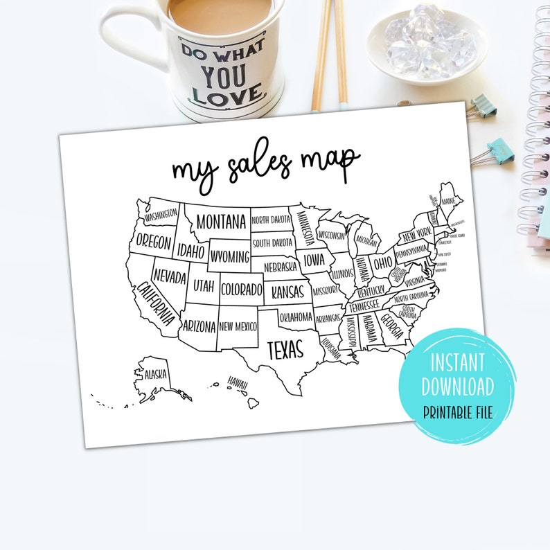 Sales Map Printable Coloring Sales Map Tracker Instant Download USA ...
