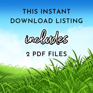 May include: A digital download listing for two PDF files. The text "This Instant Download Listing includes 2 PDF Files" is displayed against a blue sky background with white clouds.