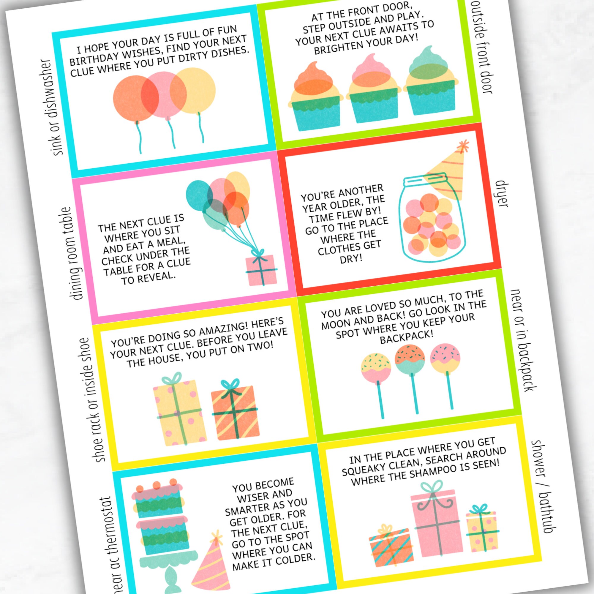 Indoor Birthday Scavenger Hunt, Birthday Treasure Hunt, Birthday Clues