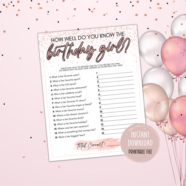 Birthday Game How Well Do You Know the Birthday Girl Printable Game Party Games Sweet 16 21st 18th 30th Birthday Who Knows the Birthday Girl