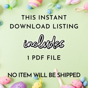 K&ouml;nnte beinhalten: Ein digitaler Download-Eintrag f&uuml;r eine PDF-Datei. Der Eintrag ist mit pastellfarbenen Ostereiern und Band verziert. Der Text auf dem Bild lautet "Dieser sofortige Download-Eintrag enth&auml;lt 1 PDF-Datei. Es wird kein Artikel versandt."