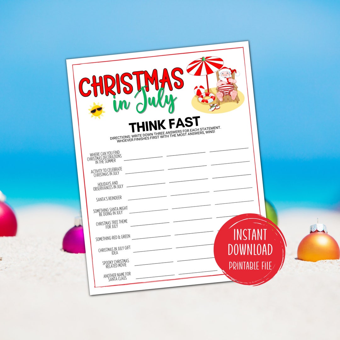 Christmas in July Games Think Fast Printable Game Activity Christmas