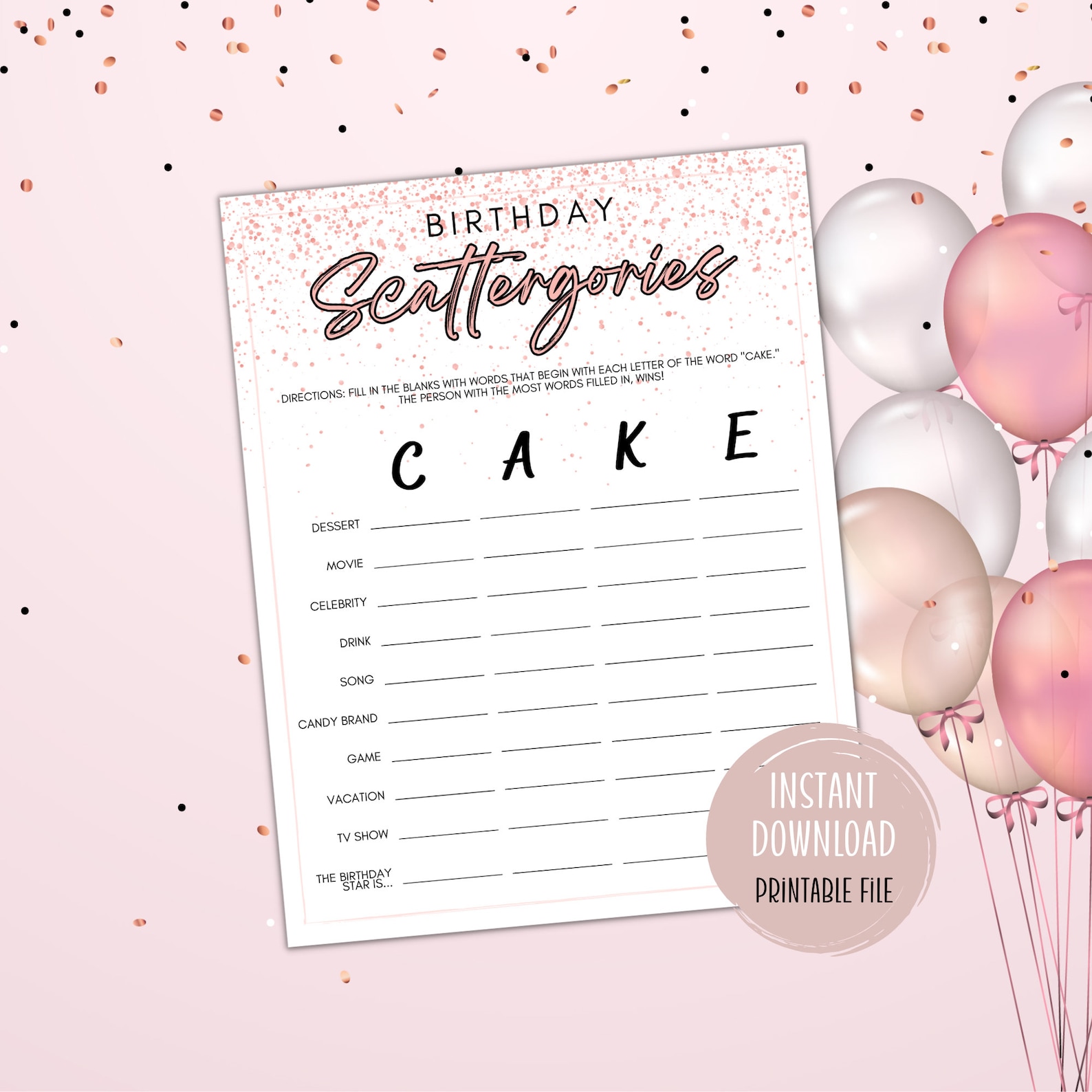 Birthday Games Scattergories Printable Birthday Game Think Fast Brain ...