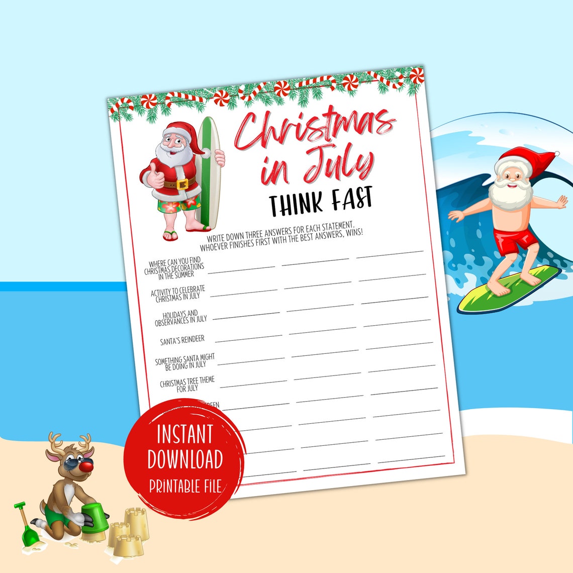 Christmas in July Think Fast Game Printable Christmas Game Etsy