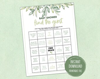 Baby Shower Find the Guest Bingo Printable Games Green Floral Neutral Baby Shower Gender Reveal Baby Shower Party Games Pregnancy Games