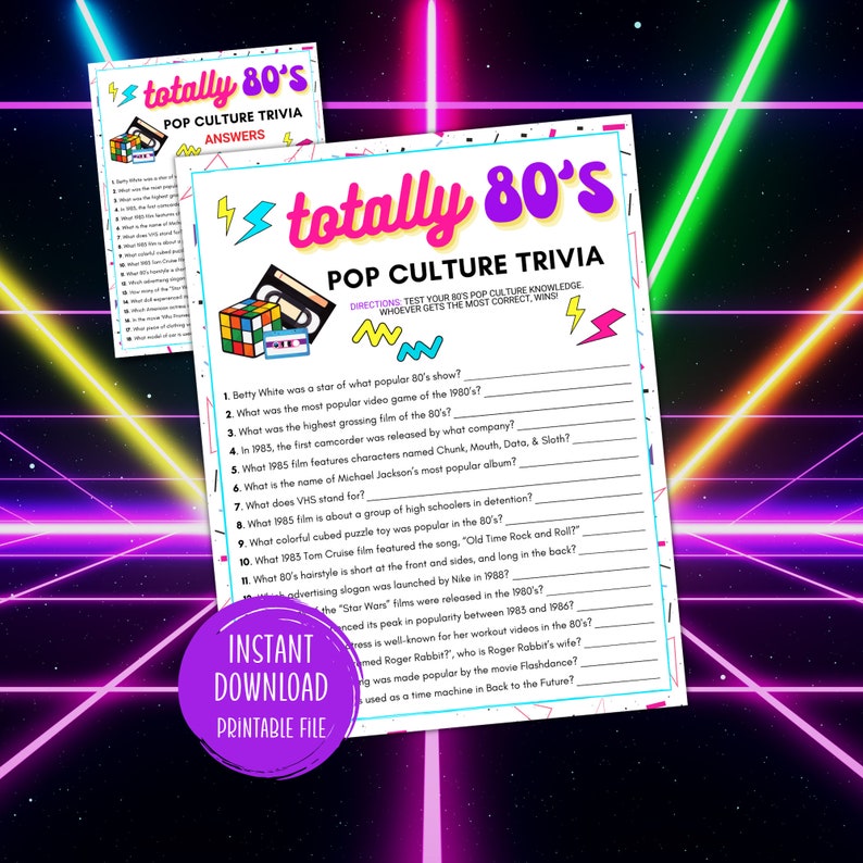 80s Trivia Game Totally 80s Pop Culture Trivia Printable Game 80s Theme ...