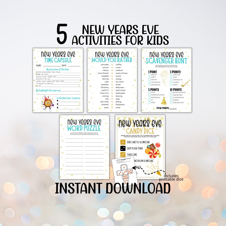 New Years Eve Printable Activities for Kids Bundle Games for Kids and Family New Year Time ...