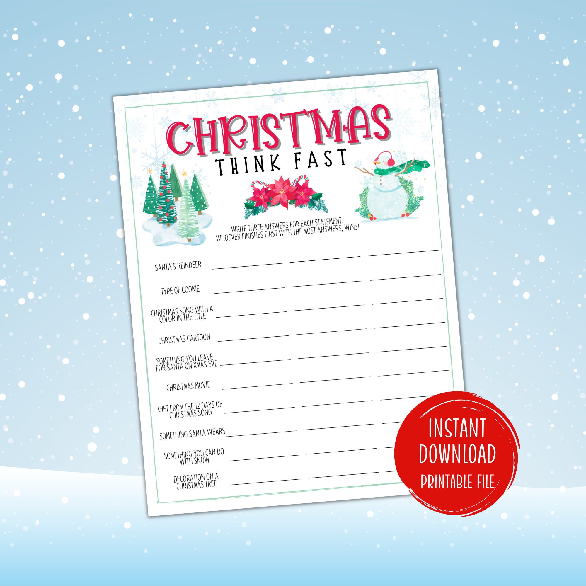 Christmas Think Fast Printable Game Instant Download for 